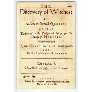 The Discovery of Witches 1647 Antique Book Page Witchfinder Matthew Hopkins